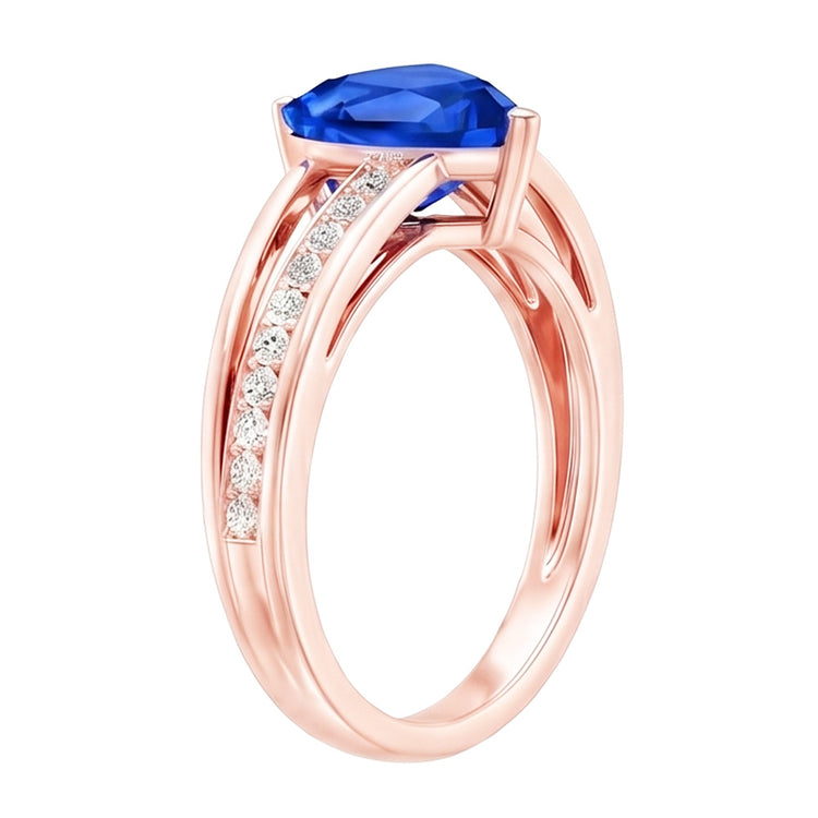 Bague Trillion de pierres précieuses saphir 2 carats tige fendue diamant or rose