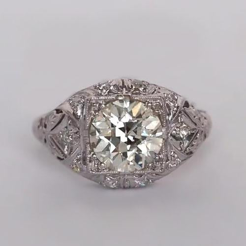Bague Trois Pierres Ancienne Taille Naturel Diamants Ronds Style Antique 2 Carats