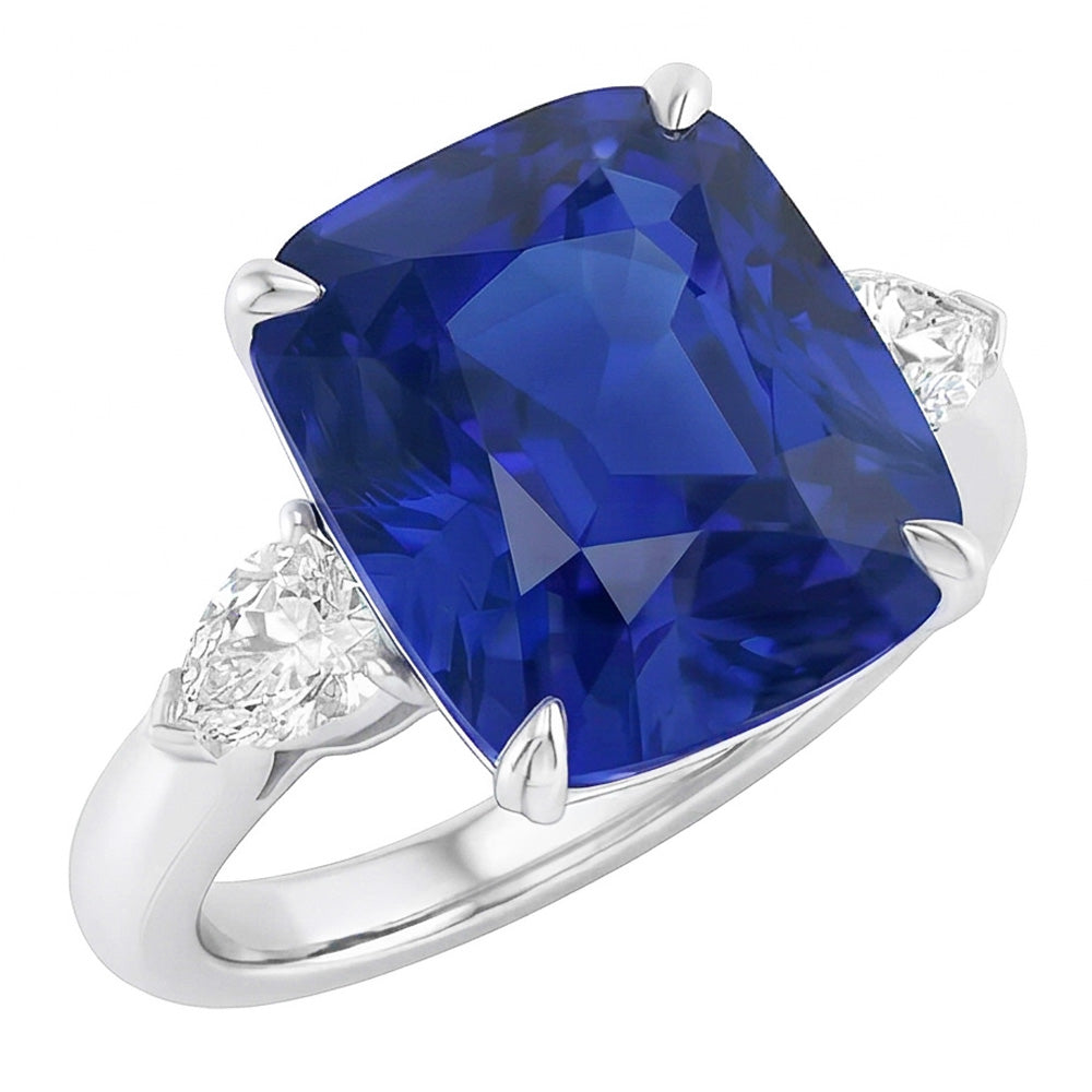 Bague Trois Pierres Coussin Saphir Bleu & Diamants Poire 4 Carats