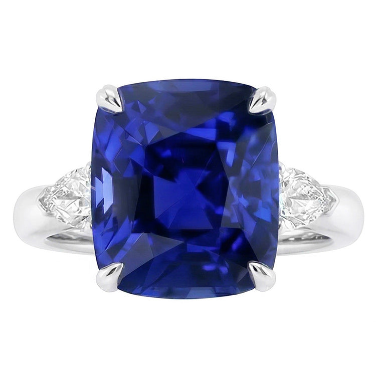 Bague Trois Pierres Coussin Saphir Bleu & Diamants Poire 4 Carats