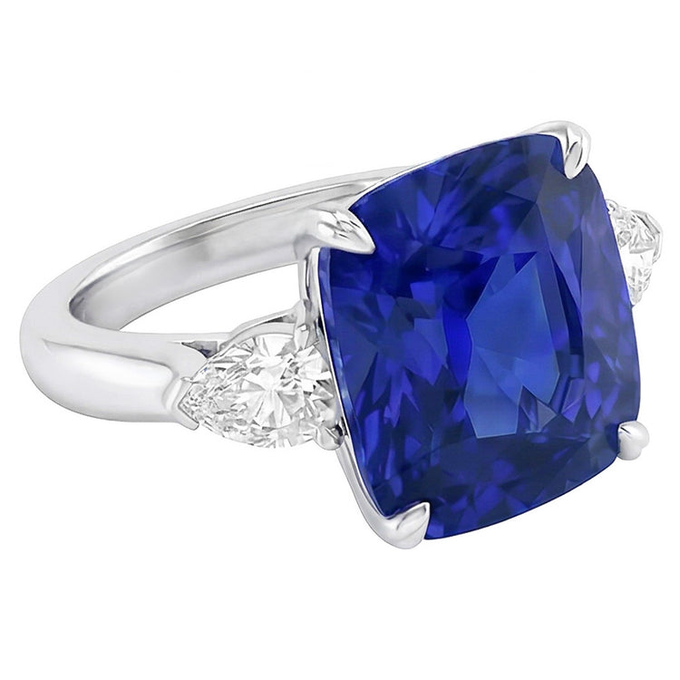 Bague Trois Pierres Coussin Saphir Bleu & Diamants Poire 4 Carats