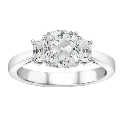 Bague Trois Pierres Coussin Vieux mineur Réel Diamant Or 14K 2.50 Carats