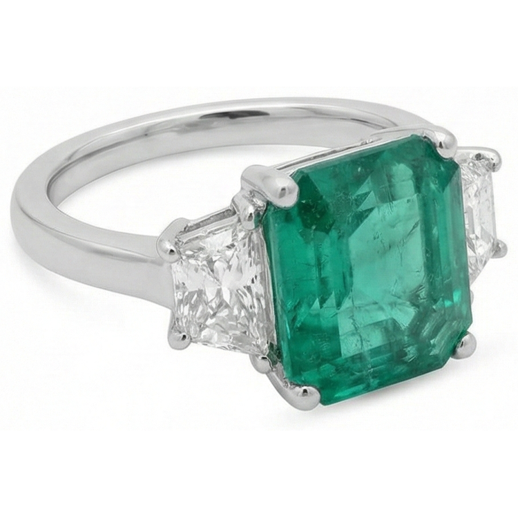 Bague Trois Pierres Diamant Naturels Extraits des Mines ( et non cultivés en laboratoire ) Vert Emeraude 4.25 Carats Or Blanc 14K Neuf