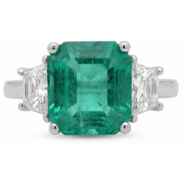 Bague Trois Pierres Diamant Naturels Extraits des Mines ( et non cultivés en laboratoire ) Vert Emeraude 4.25 Carats Or Blanc 14K Neuf