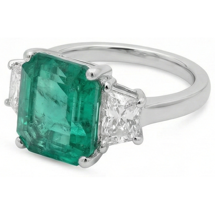 Bague Trois Pierres Diamant Naturels Extraits des Mines ( et non cultivés en laboratoire ) Vert Emeraude 4.25 Carats Or Blanc 14K Neuf