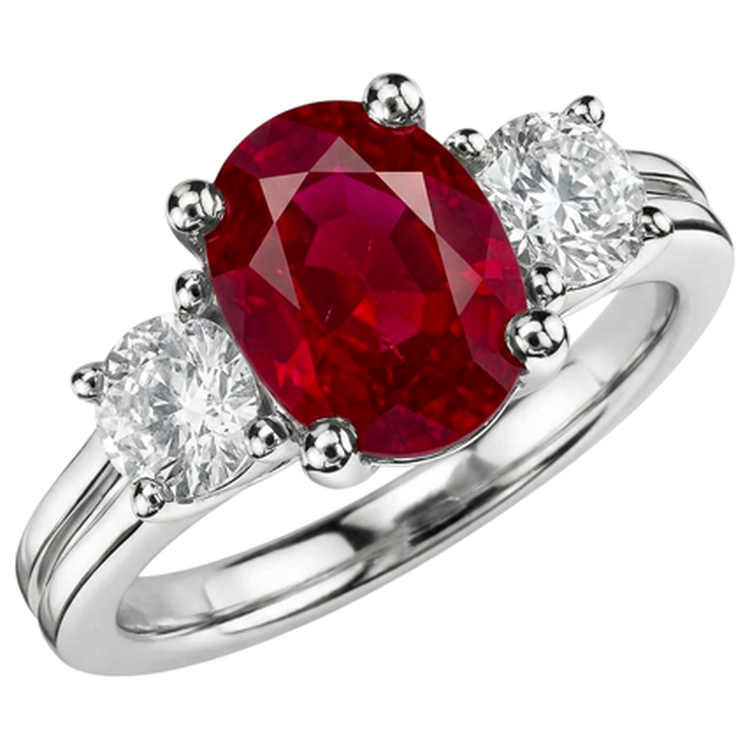 Bague Trois Pierres Diamants Naturels Extraits des Mines ( et non cultivés en laboratoire ) Et Rubis Rouge Taille Ovale Or 14K 1.80 Carats
