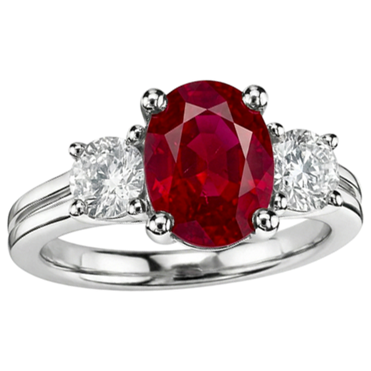 Bague Trois Pierres Diamants Naturels Extraits des Mines ( et non cultivés en laboratoire ) Et Rubis Rouge Taille Ovale Or 14K 1.80 Carats