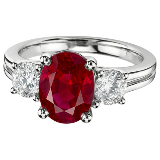 Bague Trois Pierres Diamants Naturels Extraits des Mines ( et non cultivés en laboratoire ) Et Rubis Rouge Taille Ovale Or 14K 1.80 Carats