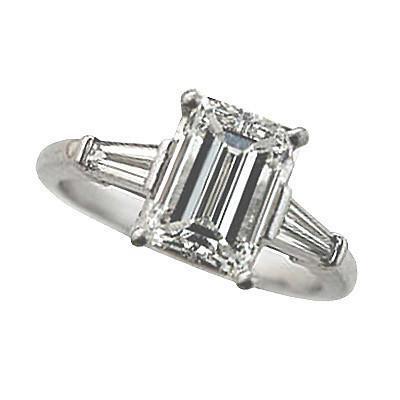 Bague Trois Pierres Émeraude Et Réel Diamant Taille Baguette 1.61 Carats