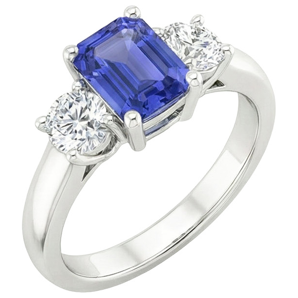Bague Trois Pierres Emeraude Saphir Sri Lankais & Diamants Naturels Extraits des Mines ( et non cultivés en laboratoire ) 3.50 Carats