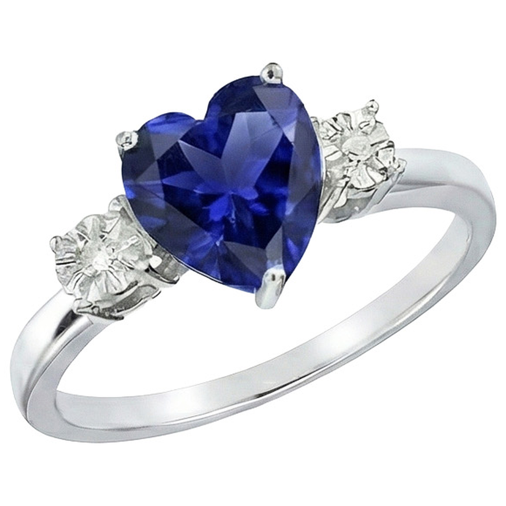 Bague Trois Pierres Forme Coeur Saphir Bleu Rond & Diamants Naturels Extraits des Mines ( et non cultivés en laboratoire ) 8 Carats