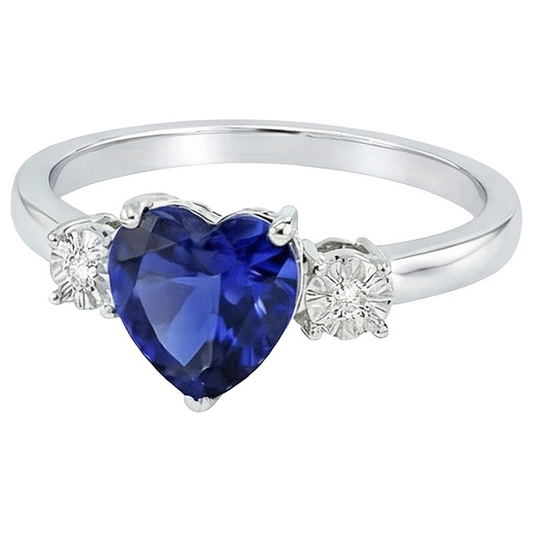 Bague Trois Pierres Forme Coeur Saphir Bleu Rond & Diamants Naturels Extraits des Mines ( et non cultivés en laboratoire ) 8 Carats
