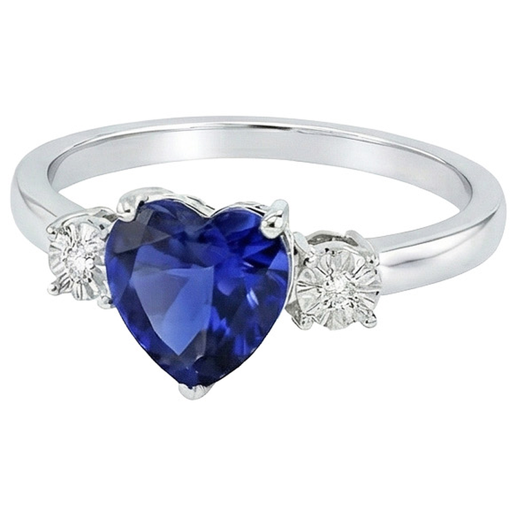Bague Trois Pierres Forme Coeur Saphir Bleu Rond & Diamants Naturels Extraits des Mines ( et non cultivés en laboratoire ) 8 Carats