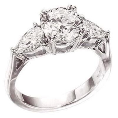 Bague Trois Pierres Or Blanc 14K Rond Et Poire Réel Diamants 4.50 Carats