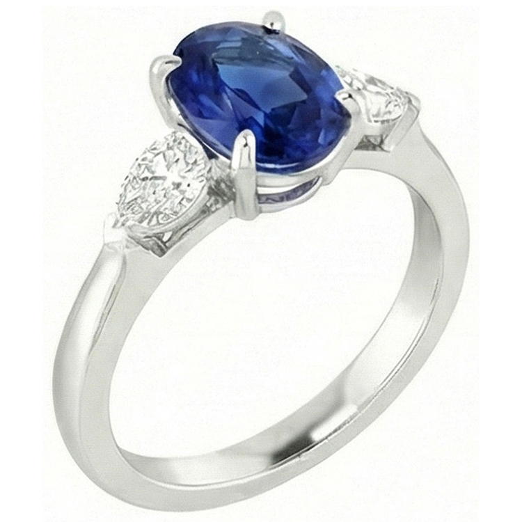 Bague Trois Pierres Ovale Ceylan Saphir Et Diamant Naturels Extraits des Mines ( et non cultivés en laboratoire ) Poire Or 14K 3 Ct