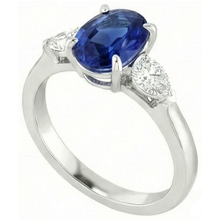 Bague Trois Pierres Ovale Ceylan Saphir Et Diamant Naturels Extraits des Mines ( et non cultivés en laboratoire ) Poire Or 14K 3 Ct