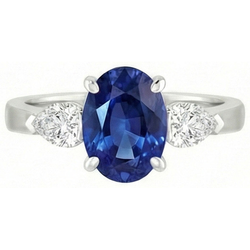 Bague Trois Pierres Ovale Ceylan Saphir Et Diamant Naturels Extraits des Mines ( et non cultivés en laboratoire ) Poire Or 14K 3 Ct