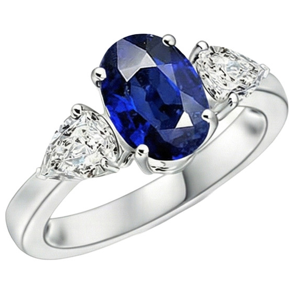Bague Trois Pierres Ovale Saphir Sri Lankais & Diamants Naturels Extraits des Mines ( et non cultivés en laboratoire ) Poire 5.50 Carats