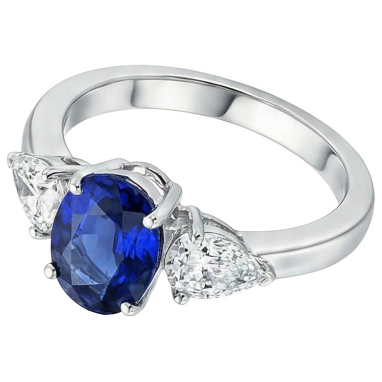 Bague Trois Pierres Ovale Saphir Sri Lankais & Diamants Naturels Extraits des Mines ( et non cultivés en laboratoire ) Poire 5.50 Carats