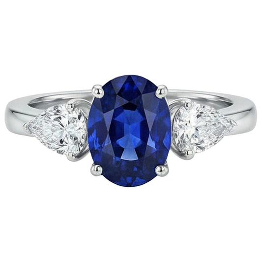 Bague Trois Pierres Ovale Saphir Sri Lankais & Diamants Naturels Extraits des Mines ( et non cultivés en laboratoire ) Poire 5.50 Carats