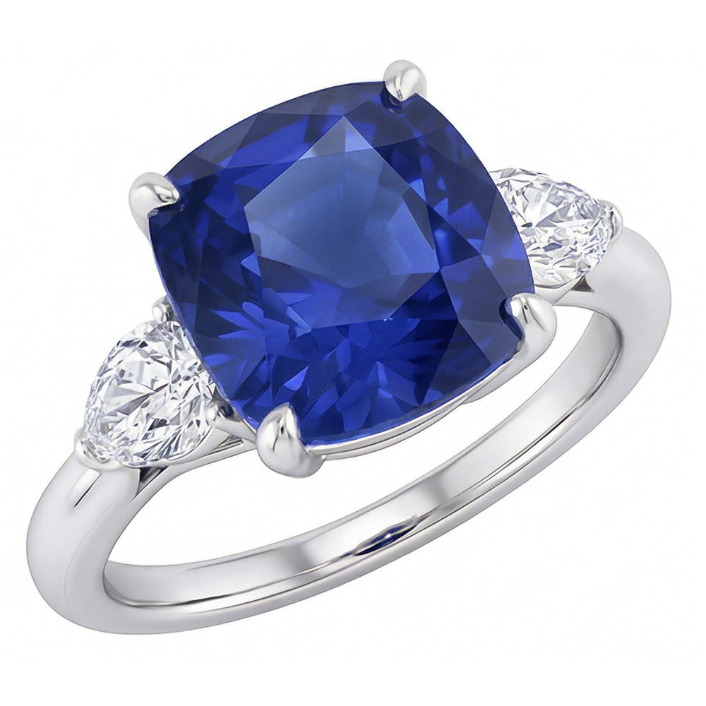 Bague Trois Pierres Poire Diamant & Coussin Bleu Saphir 3.50 Carats