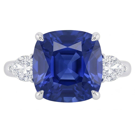 Bague Trois Pierres Poire Diamant & Coussin Bleu Saphir 3.50 Carats