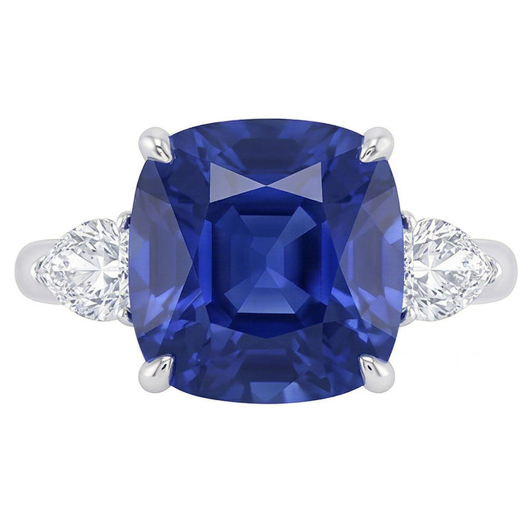 Bague Trois Pierres Poire Diamant & Coussin Bleu Saphir 3.50 Carats