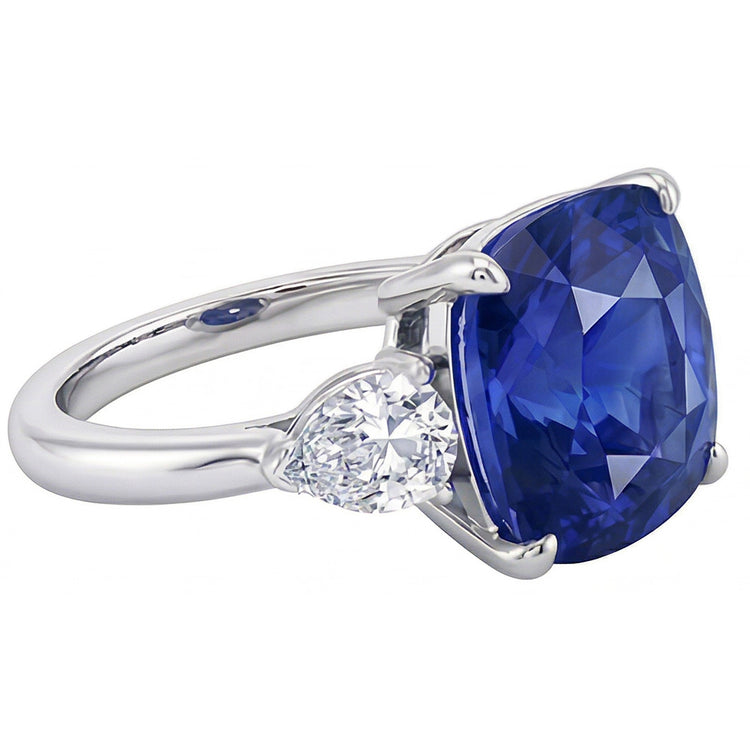Bague Trois Pierres Poire Diamant & Coussin Bleu Saphir 3.50 Carats