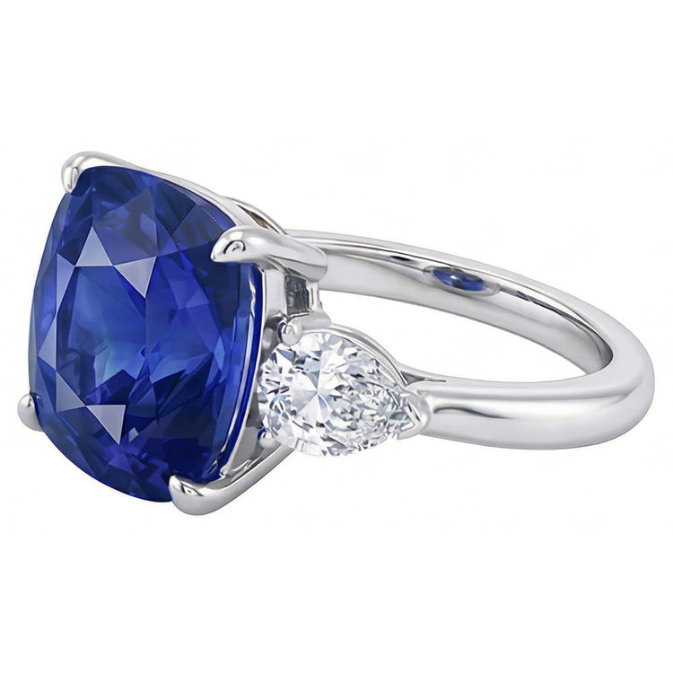 Bague Trois Pierres Poire Diamant & Coussin Bleu Saphir 3.50 Carats