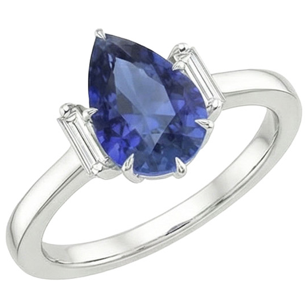 Bague Trois Pierres Poire Saphir Sri Lankais & Diamants Naturels Extraits des Mines ( et non cultivés en laboratoire ) Baguette 3 Carats