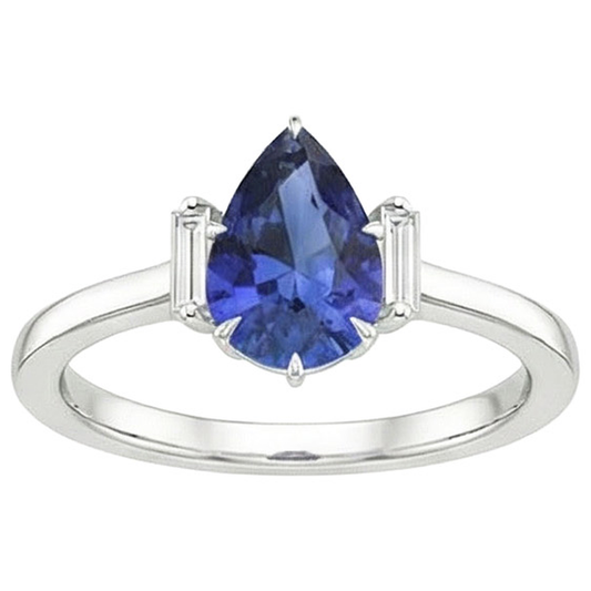 Bague Trois Pierres Poire Saphir Sri Lankais & Diamants Naturels Extraits des Mines ( et non cultivés en laboratoire ) Baguette 3 Carats