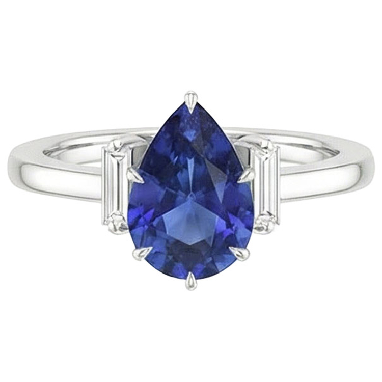 Bague Trois Pierres Poire Saphir Sri Lankais & Diamants Naturels Extraits des Mines ( et non cultivés en laboratoire ) Baguette 3 Carats
