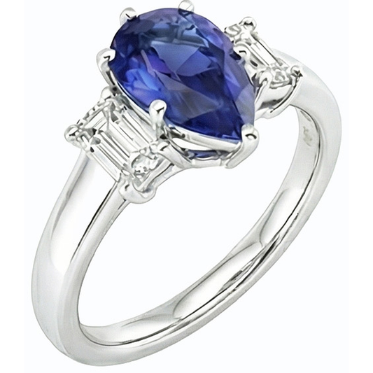 Bague Trois Pierres Poire SriLanka Saphir 2 Carats & Diamants Émeraude