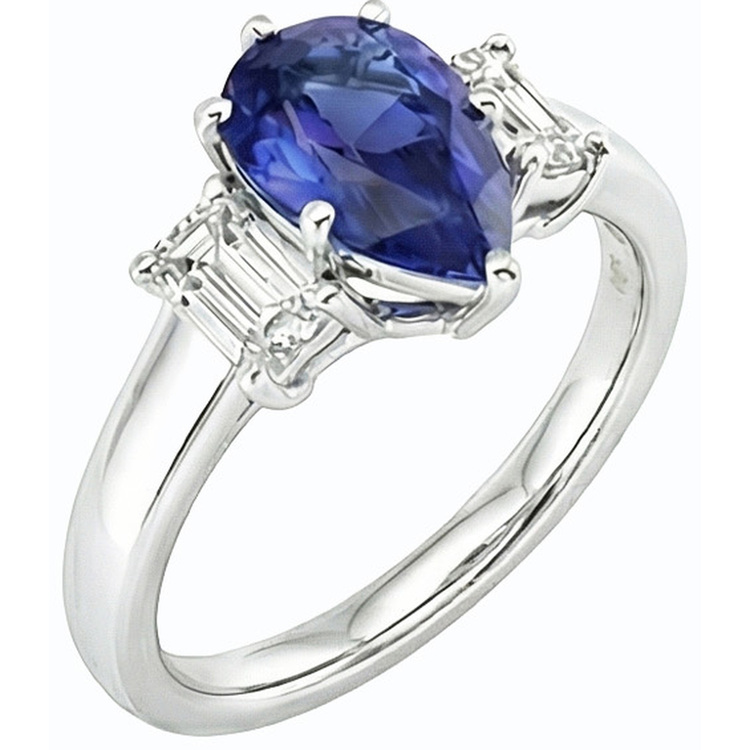 Bague Trois Pierres Poire SriLanka Saphir 2 Carats & Diamants Émeraude