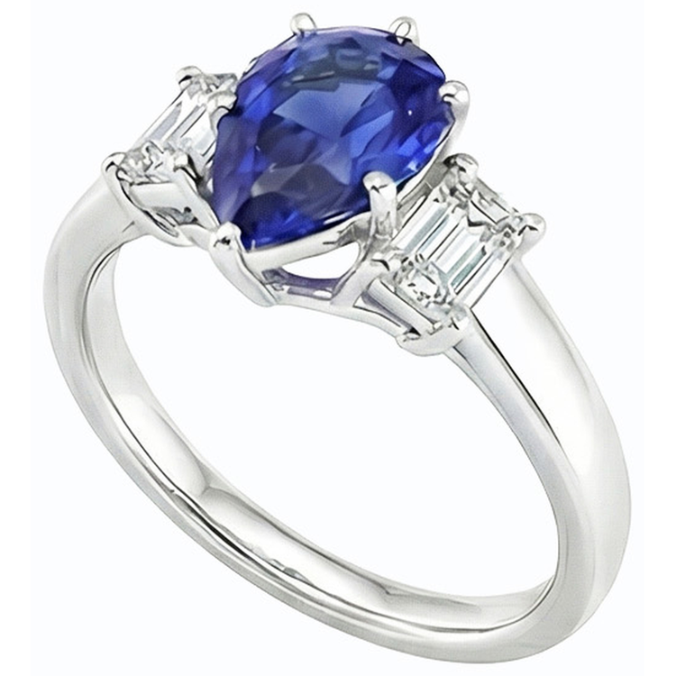 Bague Trois Pierres Poire SriLanka Saphir 2 Carats & Diamants Émeraude