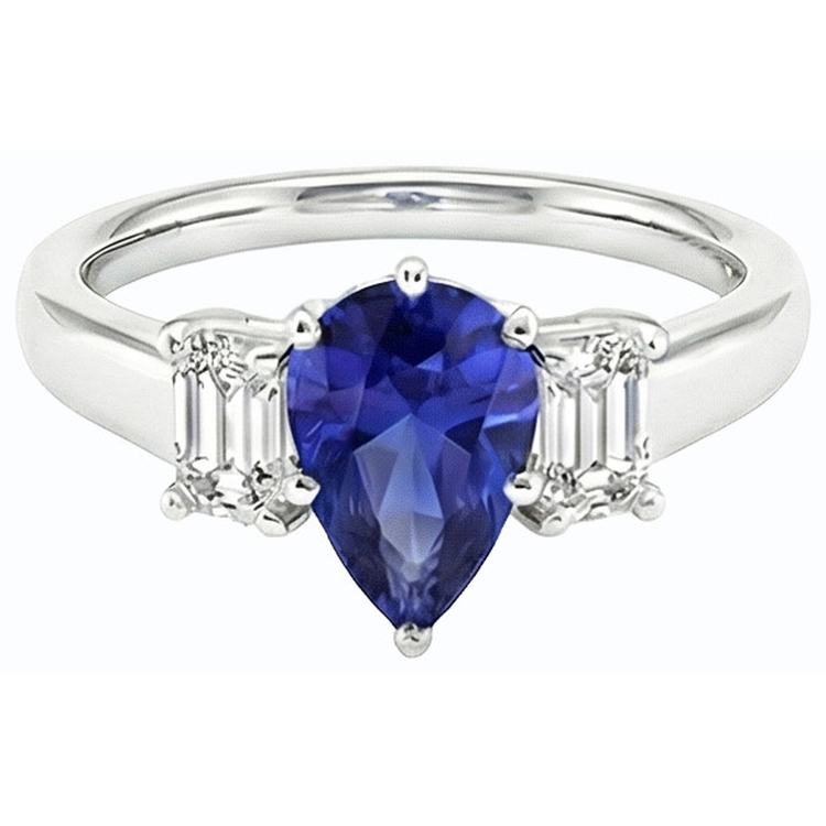 Bague Trois Pierres Poire SriLanka Saphir 2 Carats & Diamants Émeraude
