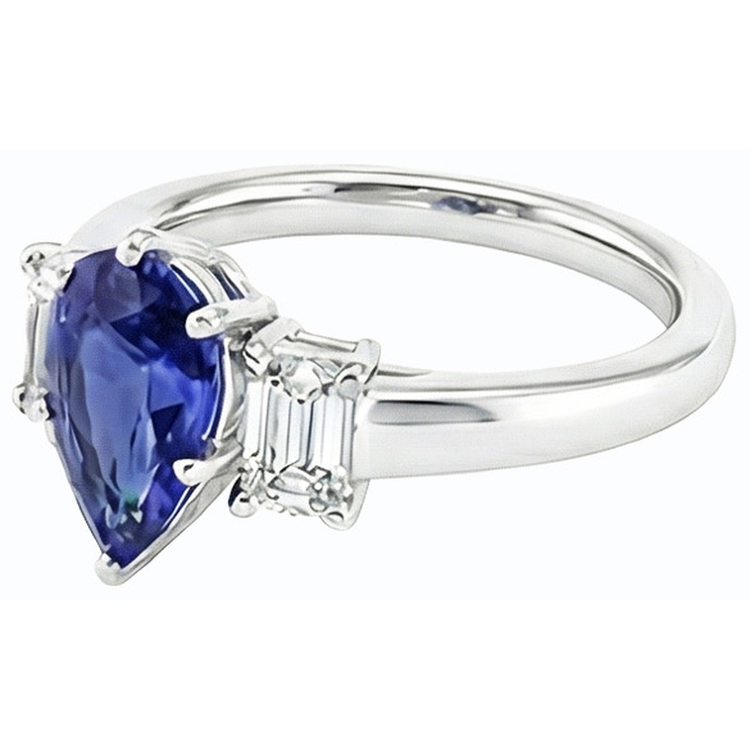 Bague Trois Pierres Poire SriLanka Saphir 2 Carats & Diamants Émeraude