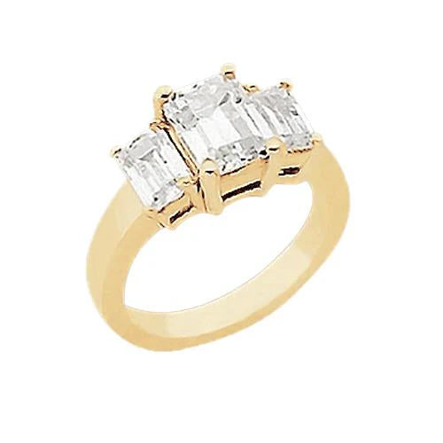 Bague Trois Pierres Réel Diamant Emeraude 3 Carats or Jjaune 14K