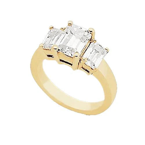 Bague Trois Pierres Réel Diamant Emeraude 3 Carats or Jjaune 14K