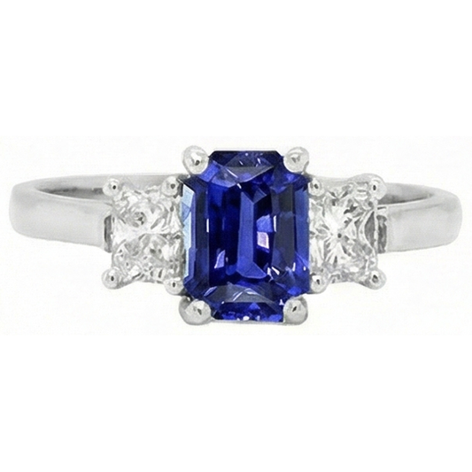 Bague Trois Pierres Saphir Bleu Émeraude & Diamants