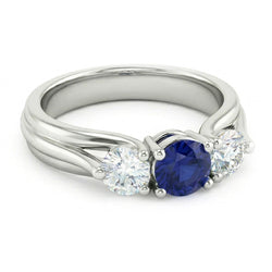 Bague Trois Pierres Saphir Bleu Et Diamant Naturels Extraits des Mines ( et non cultivés en laboratoire ) 1 Carat Or Blanc 14K