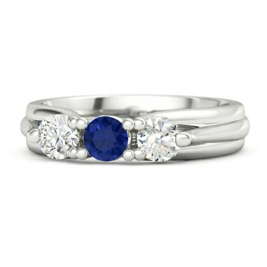 Bague Trois Pierres Saphir Bleu Et Diamant Naturels Extraits des Mines ( et non cultivés en laboratoire ) 1 Carat Or Blanc 14K