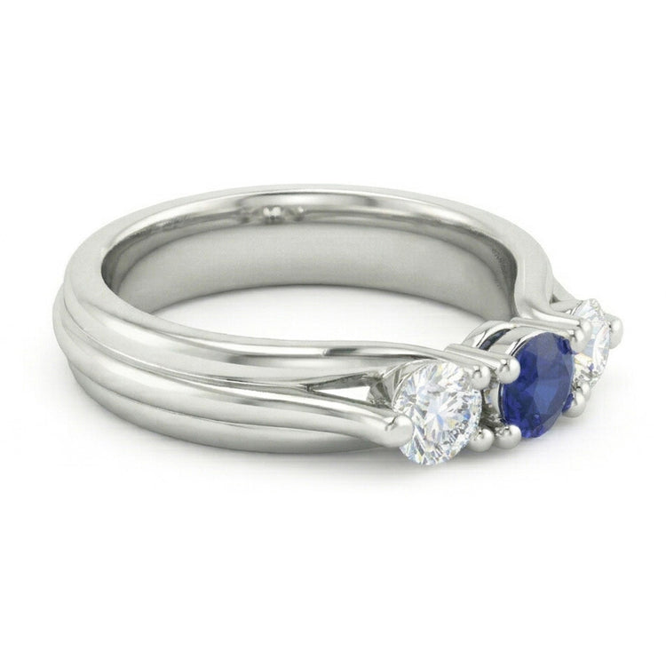 Bague Trois Pierres Saphir Bleu Et Diamant Naturels Extraits des Mines ( et non cultivés en laboratoire ) 1 Carat Or Blanc 14K