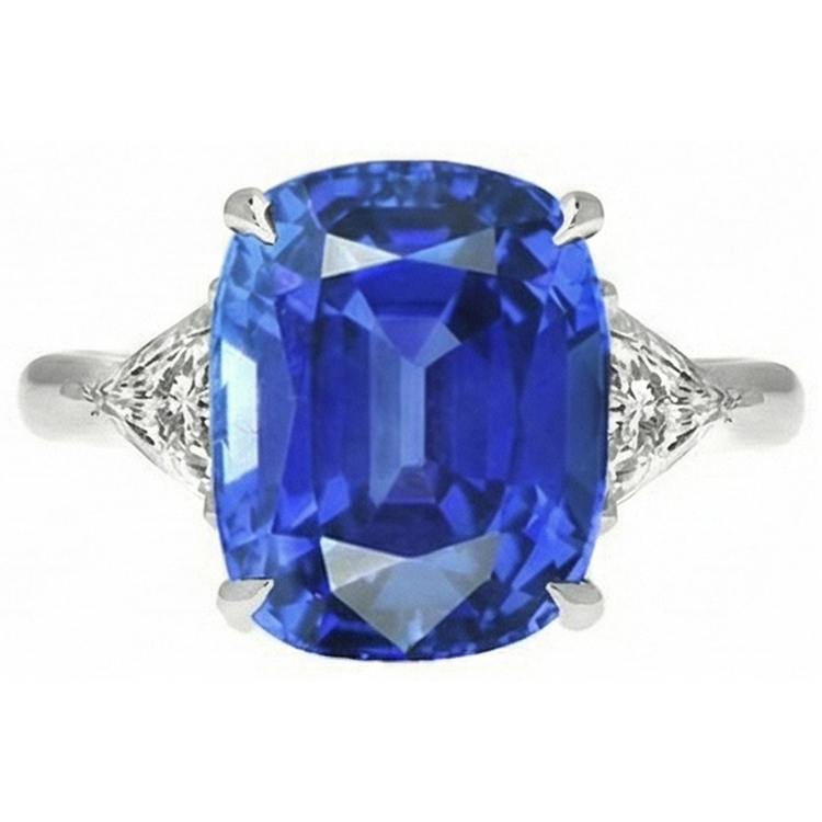 Bague Trois Pierres Saphir Bleu Ovale & Trillion Diamants 4.50 Carats