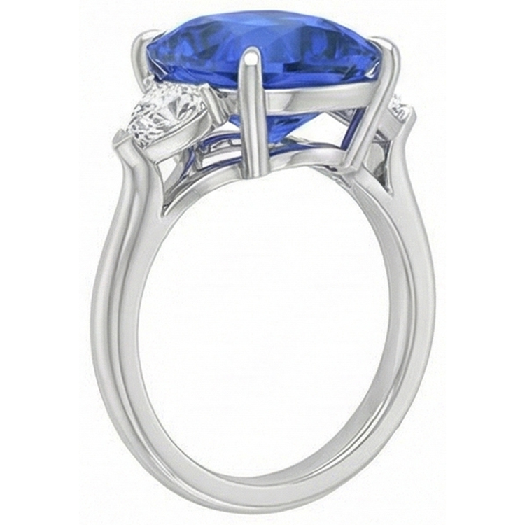 Bague Trois Pierres Saphir Bleu Ovale & Trillion Diamants 4.50 Carats