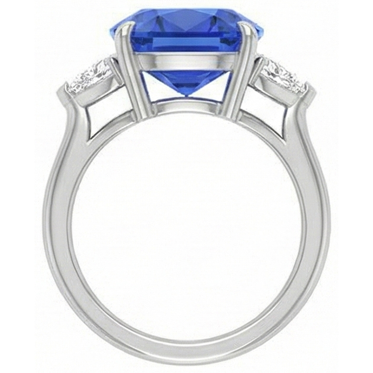 Bague Trois Pierres Saphir Bleu Ovale & Trillion Diamants 4.50 Carats