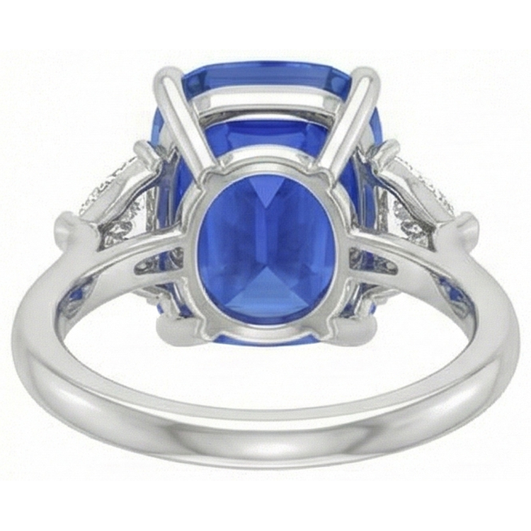 Bague Trois Pierres Saphir Bleu Ovale & Trillion Diamants 4.50 Carats