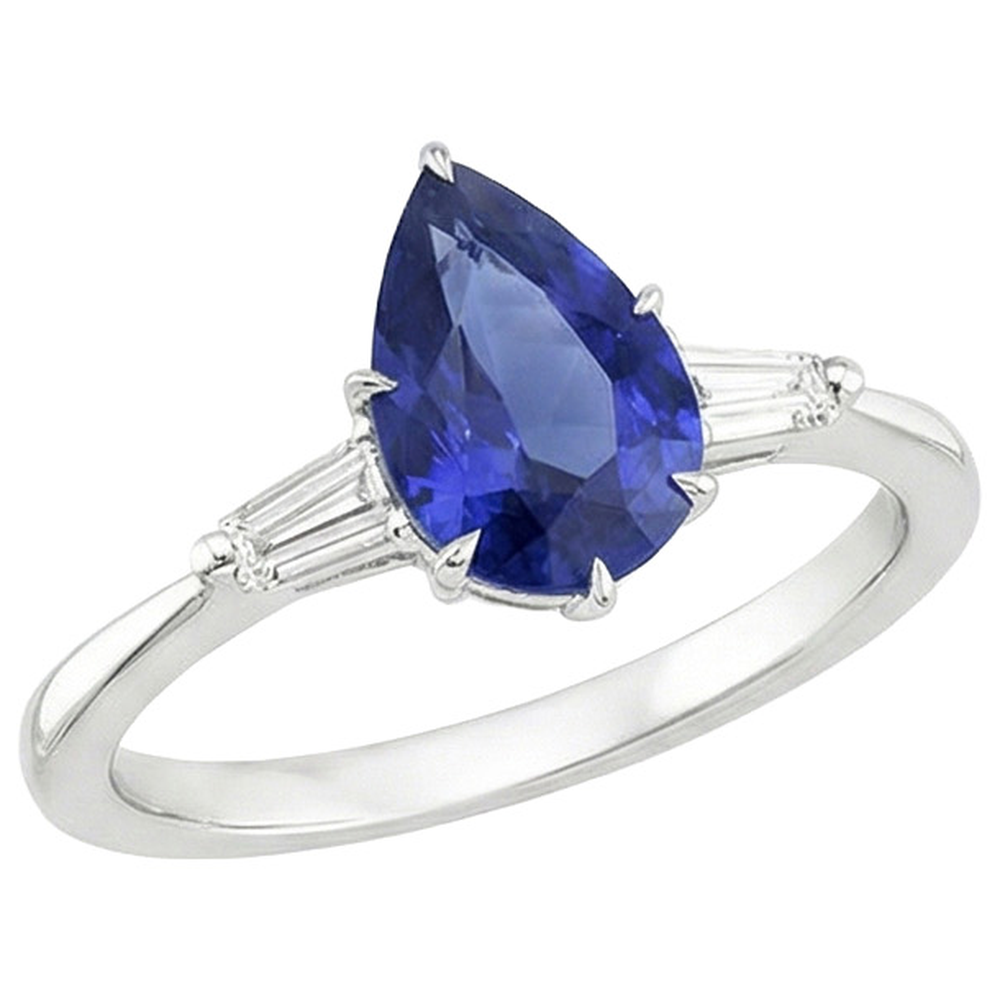 Bague Trois Pierres Saphir Bleu Poire & Diamants Naturels Extraits des Mines ( et non cultivés en laboratoire ) Baguette 3 Carats