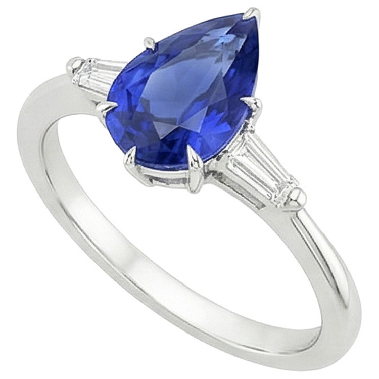 Bague Trois Pierres Saphir Bleu Poire & Diamants Naturels Extraits des Mines ( et non cultivés en laboratoire ) Baguette 3 Carats