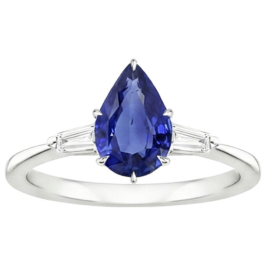 Bague Trois Pierres Saphir Bleu Poire & Diamants Naturels Extraits des Mines ( et non cultivés en laboratoire ) Baguette 3 Carats